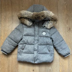 Tartine et Chocolat Boys Grey Chine Down Jacket w/Rabbit Fur hood | Size 2Y